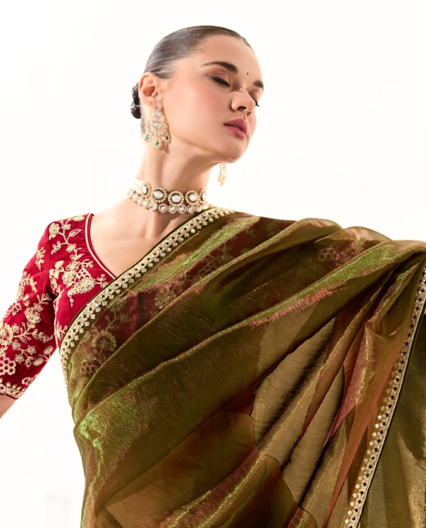 2219 - Incredible Olive Green Sequins Tissue Silk Saree With Maroon Blouse